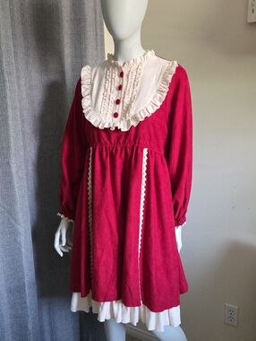 With Puji Red Lolita Dress with Cream Ruffled Bib and Button Detail